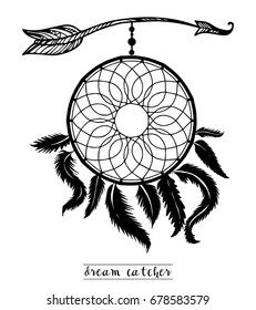 Dream Catcher with Arrows and Feathers Hand Drawn Style Vector, Native American Poster, Ethnic Isolated Design.