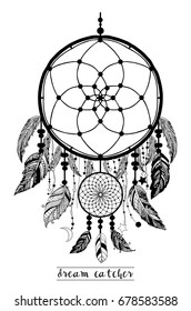 Dream Catcher with Arrows and Feathers Hand Drawn Style Vector, Native American Poster, Ethnic Isolated Design.