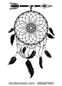 Dream Catcher with Arrows and Feathers Hand Drawn Style Vector, Native American Poster, Ethnic Isolated Design.