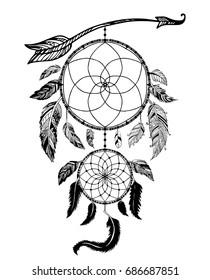 Dream Catcher with Arrows and Feathers Hand Drawn Style Vector, Native American Poster, Ethnic Isolated Design.
