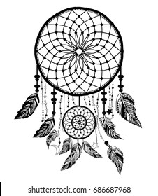 Dream Catcher with Arrows and Feathers Hand Drawn Style Vector, Native American Poster, Ethnic Isolated Design.