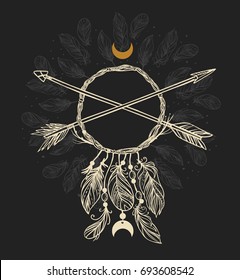 Dream catcher with arrows. Vector hand drawn illustration on black background