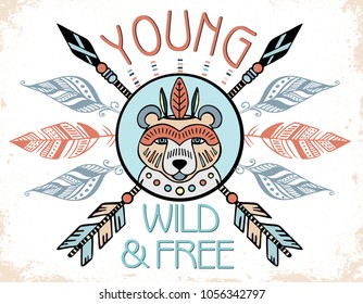 Dream catcher with bear. Boho style. Totem animal. Motivational phrase young, wild, free. T-shirt design.