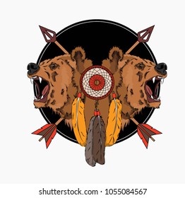 Dream Catcher with bears against the backdrop of arrows. Vector illustration