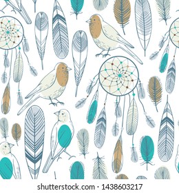 Dream catcher and birds. Vector seamless pattern