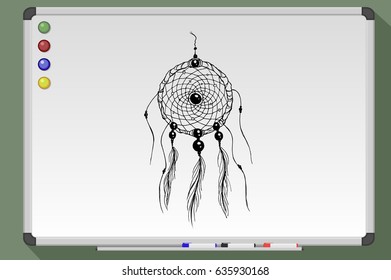 Dream catcher. Black and white whiteboard drawing. Hand drawn vector stock illustration.