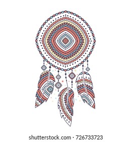 Dream catcher, boho feather, vector ethnic tribal ornament. Detailed illustration, hand drawn, great for fabric and textile, prints, invitation, packaging, or any desired idea.