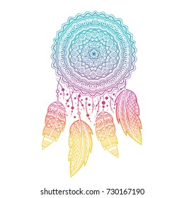 Dream catcher, boho feather, vector ethnic tribal ornament. Detailed illustration, hand drawn, great for fabric and textile, prints, invitation, packaging, or any desired idea.