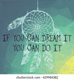 Dream catcher boho inspirational design. Hand drawn illustration. Idea for print, web, brochure, tattoo. Vector sketch in line art style, engraved elements isolated on geometric vintage background