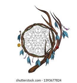 Dream catcher of the branches with a pattern on a white background. Cartoon style.