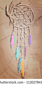 Dream catcher with bright colored feathers on wooden background. 
Cut wood, Board, texture. Stock vector.
