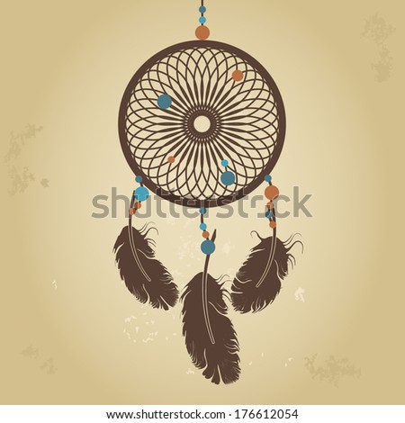 dream catcher in brown, orange and blue colors isolated on beige grunge background. vector illustration