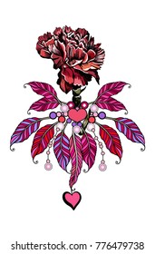 Dream catcher with carnation flower, detailed vector illustration isolated on white. Boho chic. Print, posters and textiles.