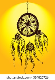 Dream Catcher. Charm. Handmade. Mascot. Totem. Decorative. Stylized. Line art. Drawing by hand. Black and white. Isolated. Tattoo. Linear. Dudling. Graphic arts.