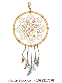 dream catcher with colored feathers on ropes