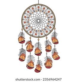 Dream Catcher colourful detailed hand drawn with feathers and beads. Vector