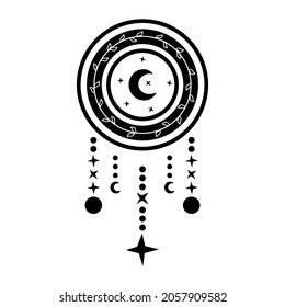 Dream catcher with crescent moon in black and white. Vector tribal illustration in boho style isolated on white background.