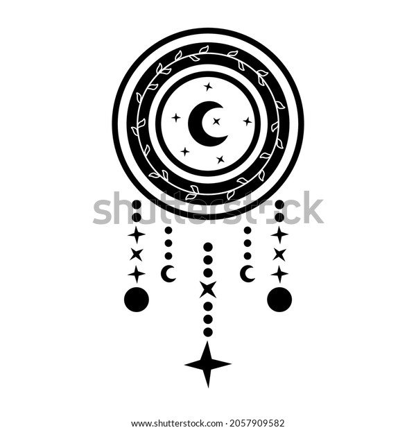 Dream catcher with crescent moon in black and
white. Vector tribal illustration in boho style isolated on white
background.