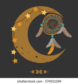 Dream catcher and crescent moon on black background. Vector hand drawn illustration