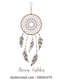Dream catcher decorated with feathers and beads. Hand drawn vector illustration.