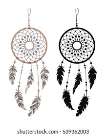 Dream catcher decorated with feathers and beads. Hand drawn vector illustration. Silhouette.