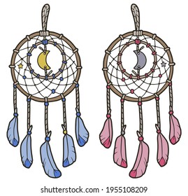 Dream Catcher. Decorated with feathers, crescent and stars dream catcher. Hand drawing illustration.