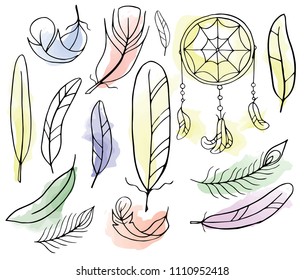 Dream catcher and different feathers painted on a white background, painted with a brush imitating watercolor.