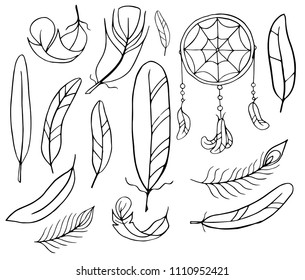 Dream catcher and different feathers painted on a white background.