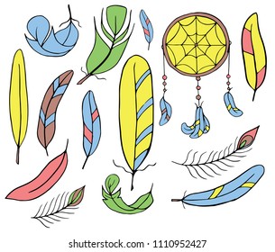 Dream catcher and different feathers painted on a white background, painted in different colors. 