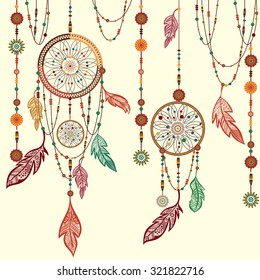 Dream Catcher. Ethnic Indian colored decorative components. Isolated  feathers, beads. The concept for the design. Vector illustration
