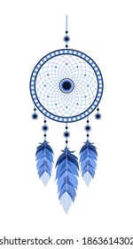 Dream catcher with Fatima eye and blue feathers. Hand drawn indian talisman. Ethnic bohemian design element. Vector hipster illustration isolated on white background. Flat boho style.