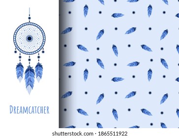Dream catcher with Fatima eye. Seamless pattern with blue feathers. Hand drawn indian talisman. Ethnic bohemian design element. Vector illustration in flat boho style.