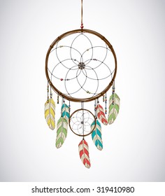 Dream catcher with feathers and Beaded Thread. Eethnic aztec, drawing