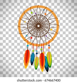 Dream catcher with feathers and beads in flat style isolated on transparent background