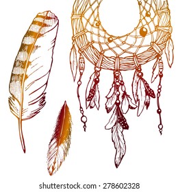 Dream catcher, feathers and beads. Native american indian dream catcher, traditional symbol. Boho style.