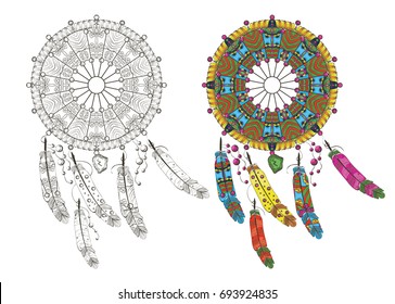 Dream catcher with feathers, beads, rune talisman, yarn in yellow, greasy, red, pink, blue, blue shades with shadows. Coloring. Card. Bohho style.