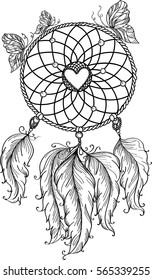 Dream catcher with feathers and butterflies. Ethnic illustration, tribal, American Indians traditional symbol