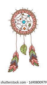 dream catcher with feathers design, Boho style bohemic rustic decoration vintage fashion art ornament and drawn theme Vector illustration