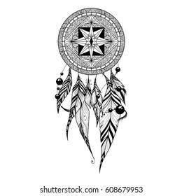 Dream catcher with feathers, ethnic design, vector illustration isolated on white