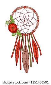 caçador de sonhos com penas e flores. Estilo Boho. Símbolo mágico desenhado à mão. Talismã boêmio. Amuleto indígena nativo americano. Ilustração vetorial isolada em branco.