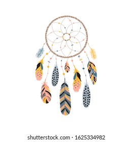 Dream catcher with feathers, jewels and colorful gemstones. Astrology, spirituality symbol. Ethnic tribal element.