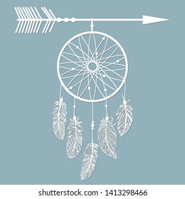 Dream catcher with feathers, laser cut, ritual thing. American boho spirit. Hand drawn sketch vector illustration for tattoos or t-shirt print. Template for laser, plotter cutting.