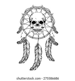 Dream catcher with feathers and leafs, skull in center maden in line art style, high detailed ritual thing. American boho spirit. Hand drawn sketch vector illustration for tattoos or t-shirt print.