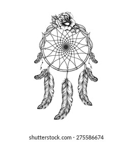 Dream catcher with feathers, leaves and rose  in line art style, high detailed ritual thing. American boho spirit. Hand drawn sketch vector illustration for tattoos or t-shirt print. svg