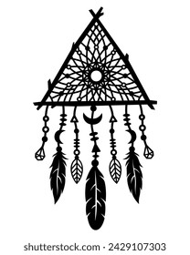 Traumfänger mit Federn. Magische dekorative Illustration im Boho-Stil. Handgezeichnetes ethnisches Symbol. Für Papier- und Laserschneiden, Druck auf T-Shirts, Tassen.