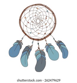 Dream catcher, feathers. Native american indian dream catcher, traditional symbol. Vector illustration