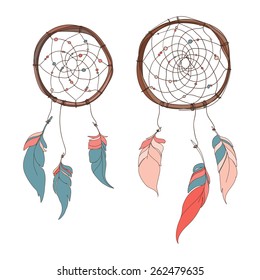 Dream catcher, feathers. Native american indian dream catcher, traditional symbol. Vector illustration