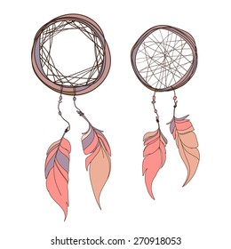 Dream catcher, feathers. Native american indian dream catcher, traditional symbol. Vector illustration