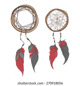 Dream catcher, feathers. Native american indian dream catcher, traditional symbol. Vector illustration