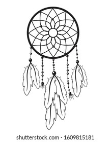 Dream catcher with feathers in simple style vector illustration drawing.